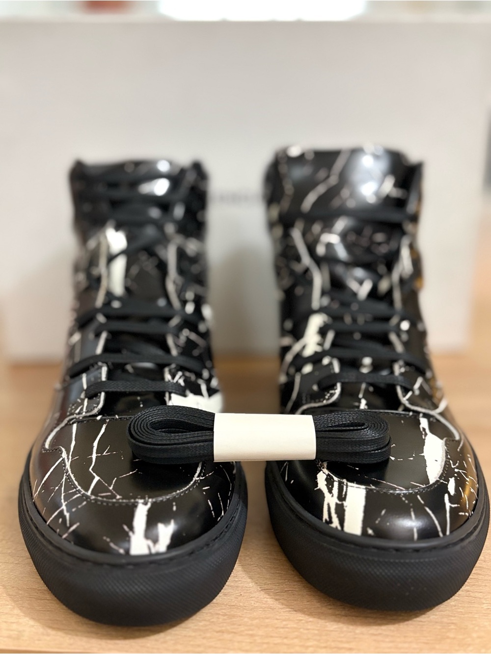 Balenciaga Black High-Top Lace-Up Boots with White Paint-Splash